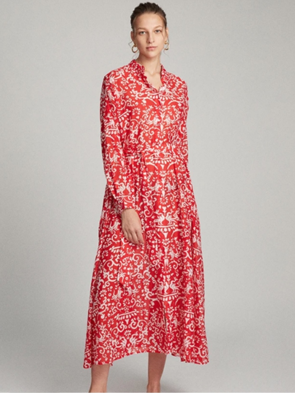 NWT SALONI Inez Floral Maxi Dress Size 8 US Red Cotton Silk Long Sleeve Paisley - Picture 2 of 11